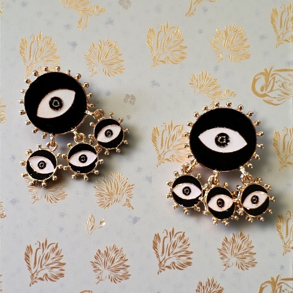 Chic Black and Gold Toned Evil Eye Dangling Earrings - Picture 12 of 17